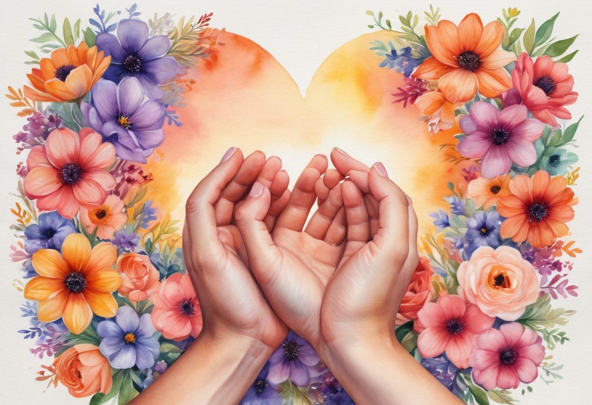 A warm, close-up scene of two hands gently embracing a heart made of colorful flowers, symbolizing devotion and kindness. Soft, glowing light surrounds the heart, creating a tender atmosphere. In the background, silhouettes of diverse couples sharing affectionate moments, showcasing different forms of love and care. The color palette features soft pastels and warm tones. watercolor painting. vibrant colors. soft focus.