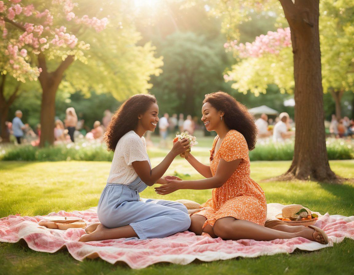 A warm scene showcasing diverse individuals sharing joyful moments, such as hugging, laughing, and engaging in meaningful conversations in a cozy, sunlit park. Include elements like blooming flowers and picnic setups to symbolize care and fondness. The background should have soft, inviting colors to evoke a sense of warmth and connection. super-realistic. vibrant colors. soft focus.