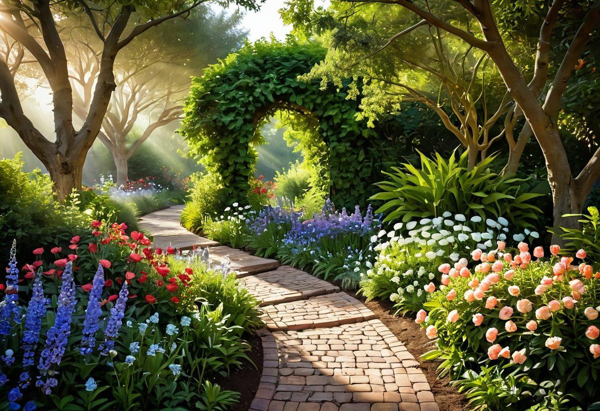 A serene pathway winding through a lush, vibrant garden symbolizing a spiritual journey, with warm sunlight filtering through the trees. Delicate flowers representing kindness and devotion bloom along the path, leading to a radiant, open heart at the end of the trail. Subtle symbols of love and adoration, such as doves and hearts, are interspersed throughout the scene. The atmosphere conveys a sense of peace and growth. painting. vibrant colors. dreamy backdrop.